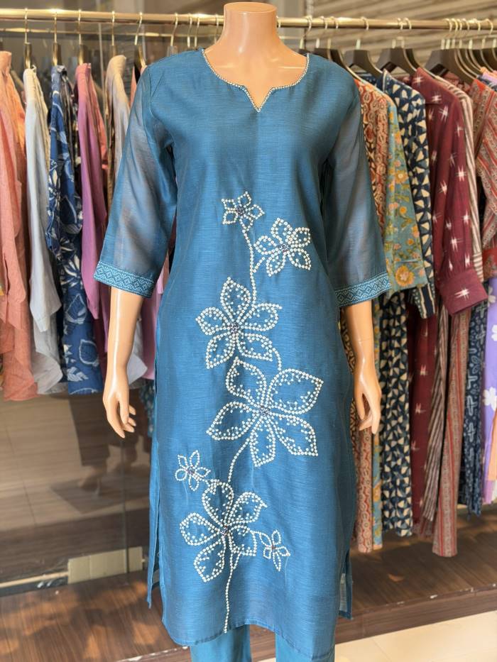 RAMA BLUE LINEN SILK KURTI PANT SET