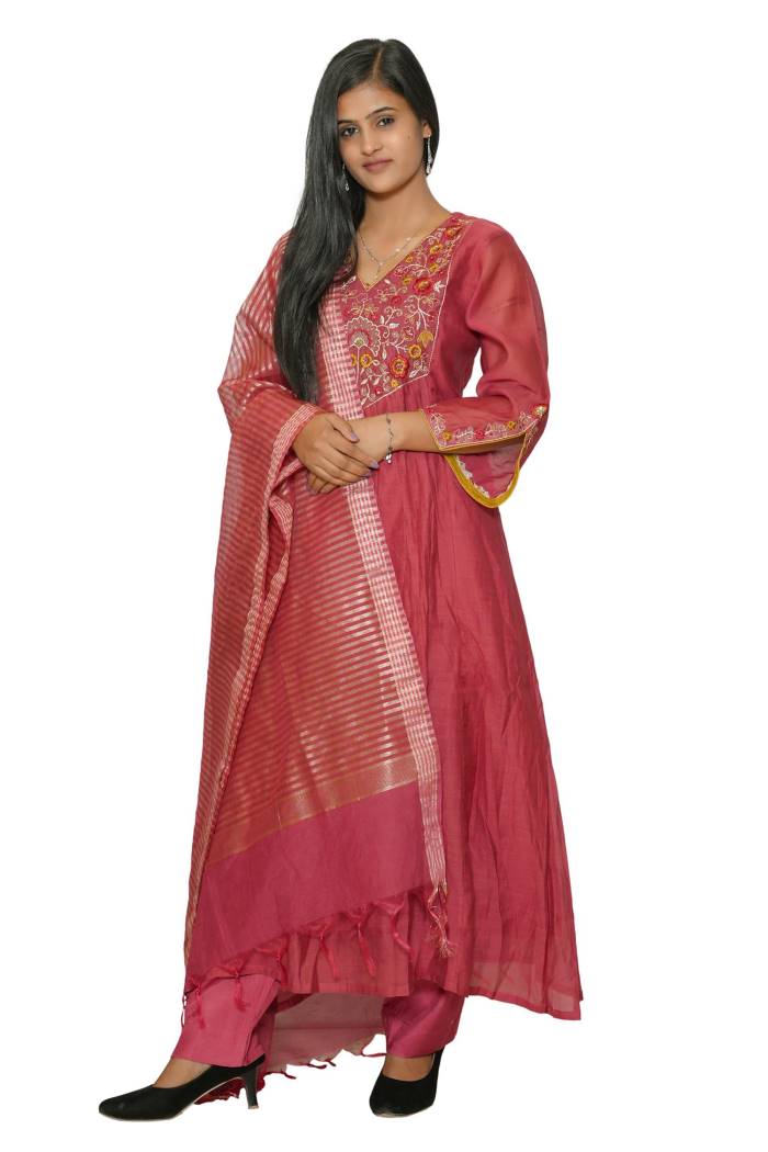 ONION MULMUL A-LINE KURTI PANT DUPPATA SET