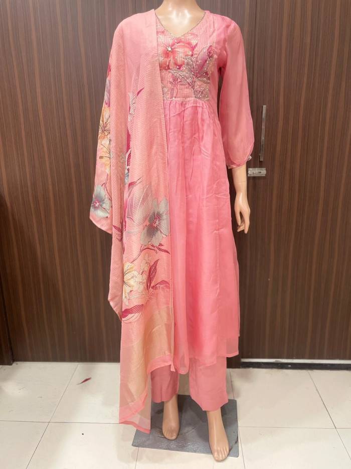 Light Peach Organza Silk Kurti Pant Duppata Set