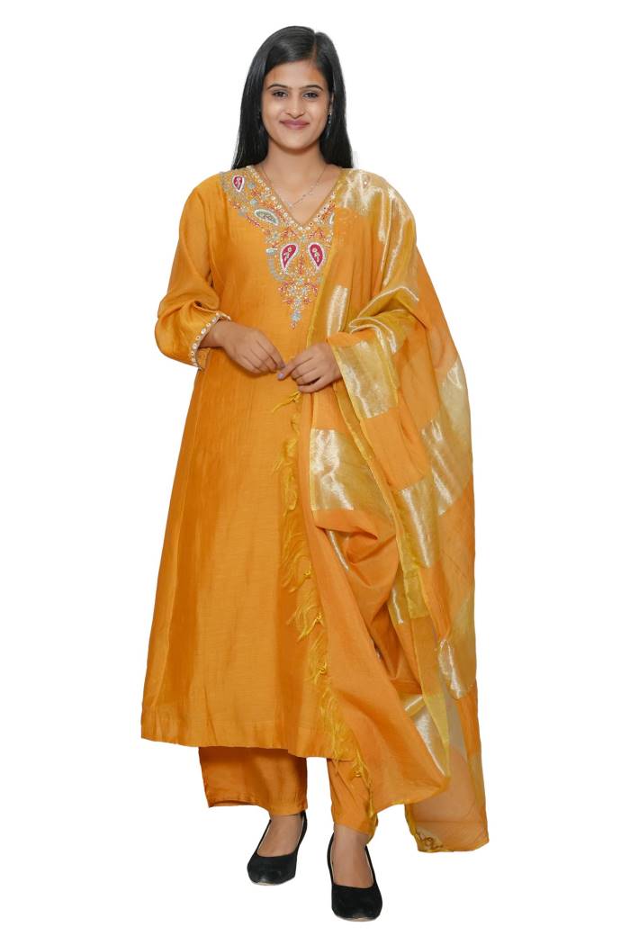MUSTARD MUL CHANDERI SILK A-LINE KURTI PANT DUPPATA SET