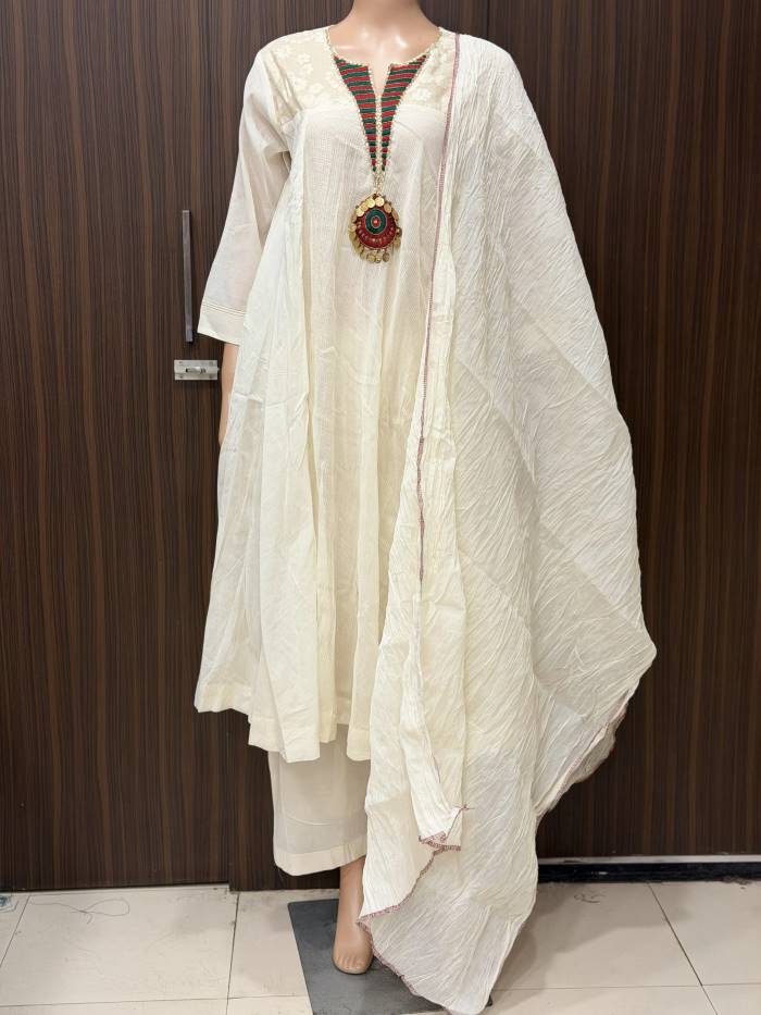 CREAM FROCK KOTA DORIA MALMAL KURTI PANT DUPPATA SET