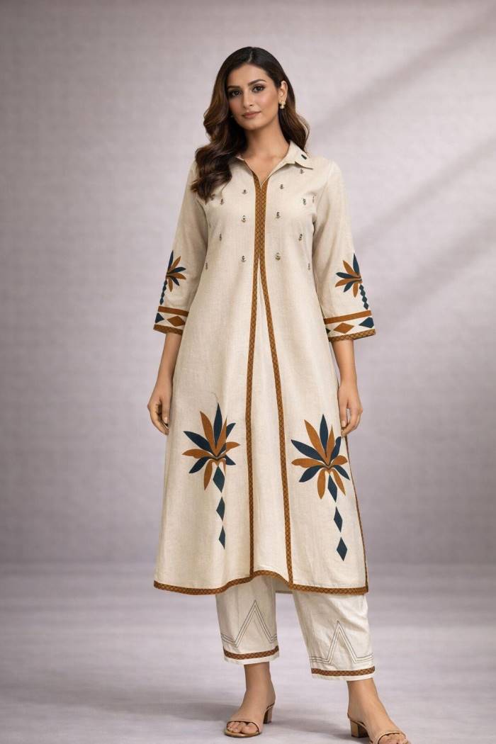 L.Beige A-Line Kurti Pant Set