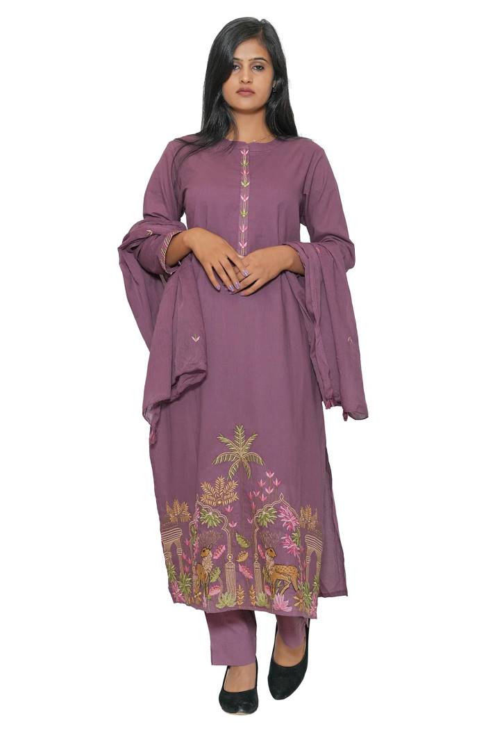 LAVENDER COTTON KURTI PANT DUPPATA SET