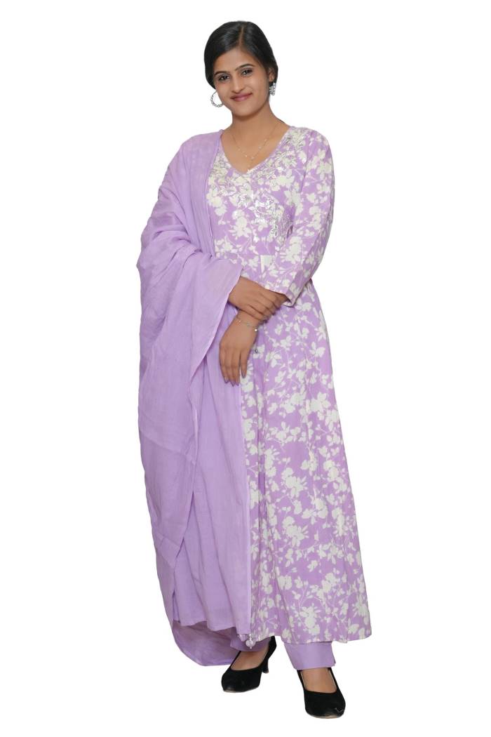 LAVENDER COTTON KURTI PANT DUPPATA SET