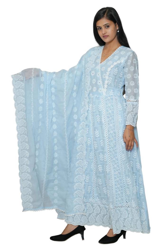 LIGHT BLUE MULMUL FROCK PANT DUPPATA SET