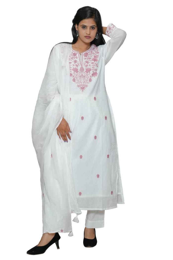 OFFWHITE MULMUL COTTON KURTI PANT DUPPATA SET