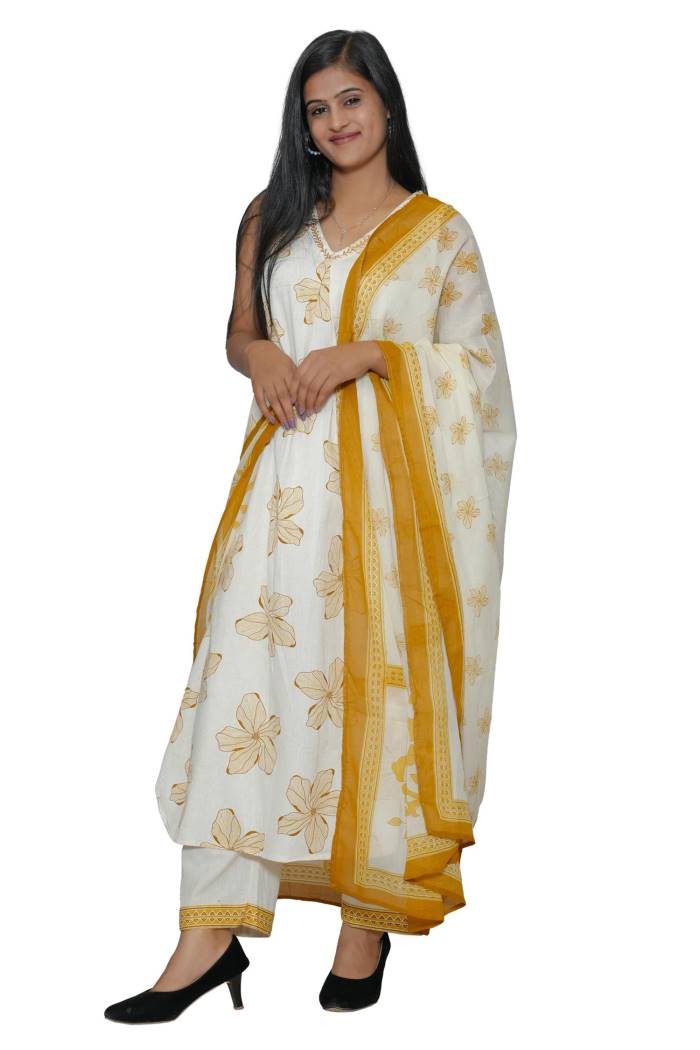 OFFWHITE COTTON KURTI PANT DUPPATA SET