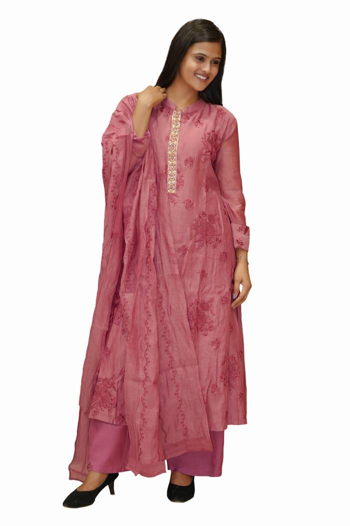 ONION PINK MUL CHANDERI A-LINE KURTI PANT DUPPATA SET